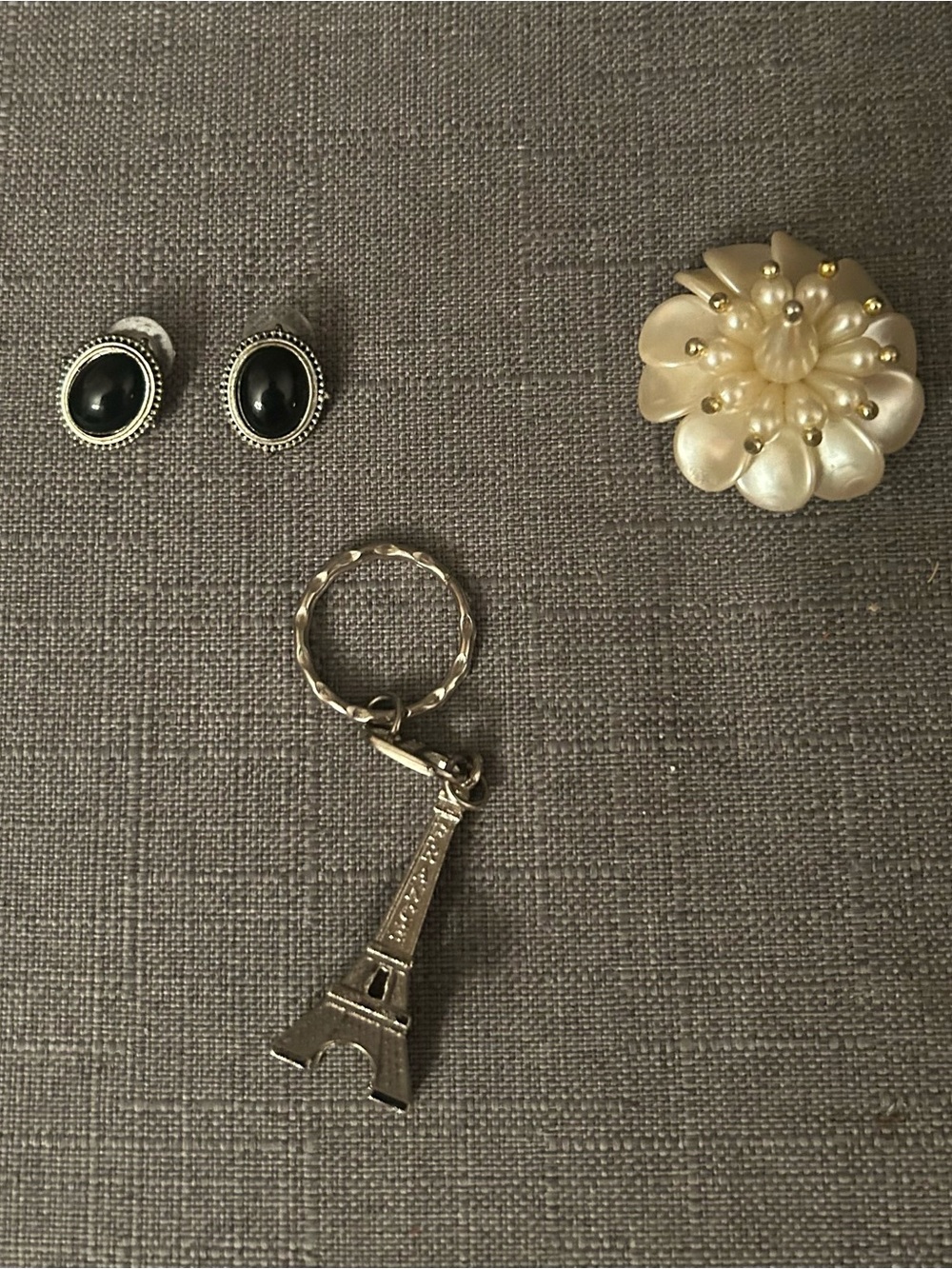 Pearl Floral Brooch pin, earrings, Eiffel Tower keychain